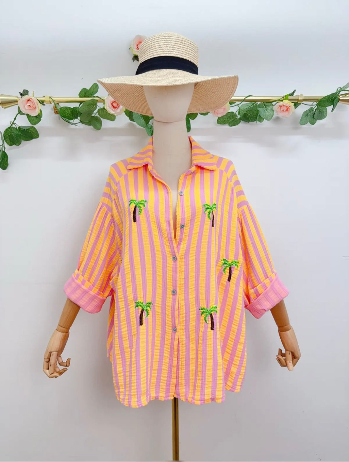 Musselin Bluse Gestreift Palme