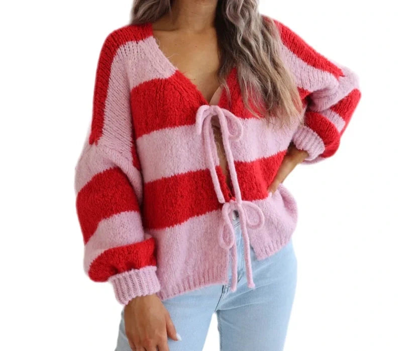 Streifen Strick Cardigan Schleifen