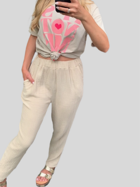 Musselin Hose Beige Weites Bein