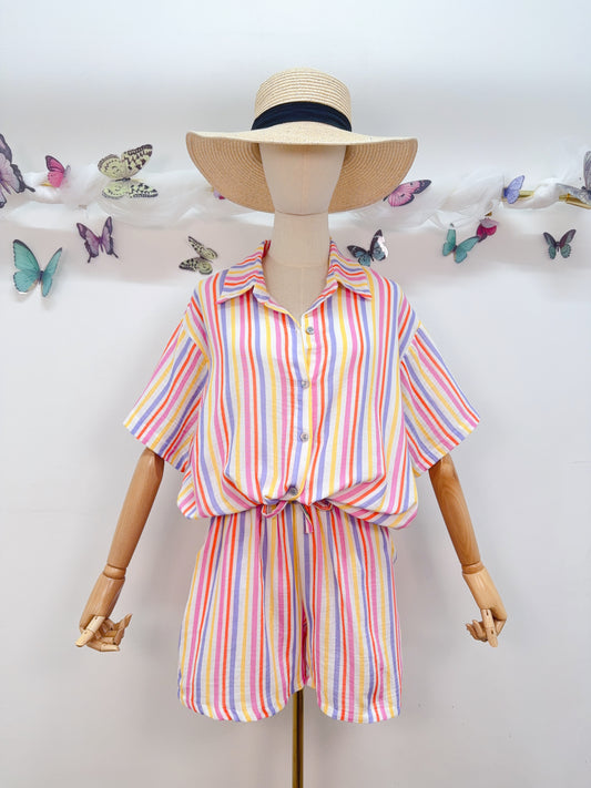 Zweiteiler Set Bluse Shorts Streifen