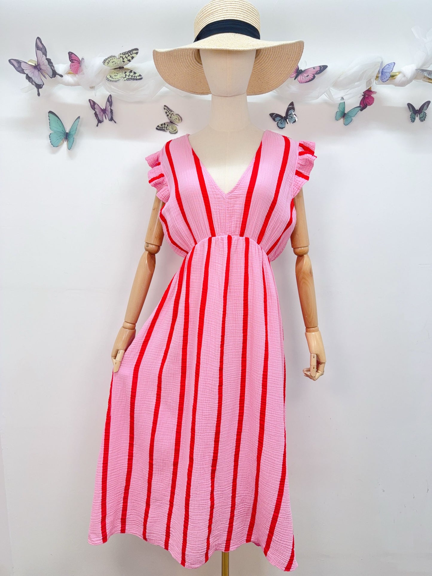 Musselin Kleid Rosa Rot Streifen