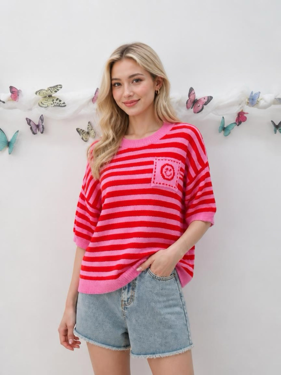 Strickpullover Kurzarm Streifen