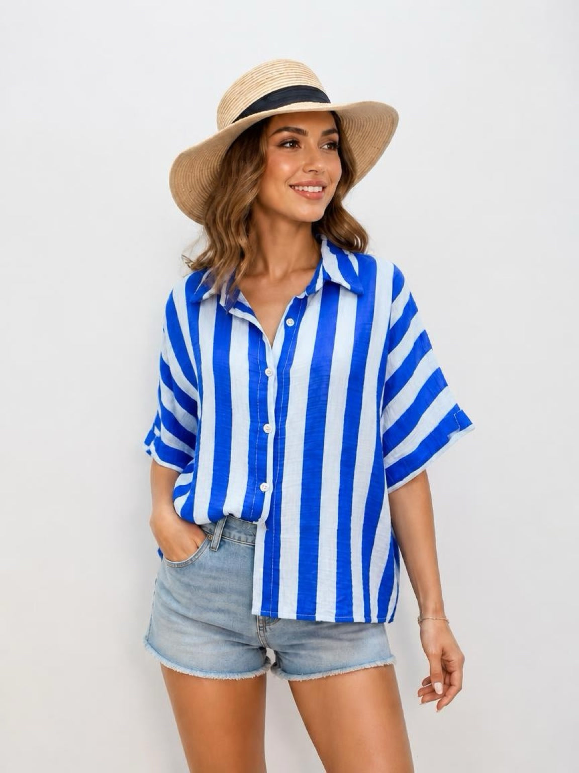 Musselin Bluse Kurzarm Streifen