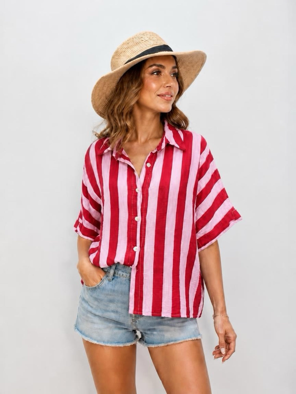 Musselin Bluse Kurzarm Streifen